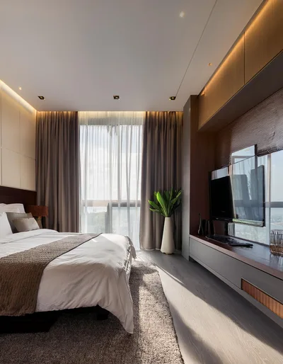 Modern Bedroom Interior With Large Window And Television