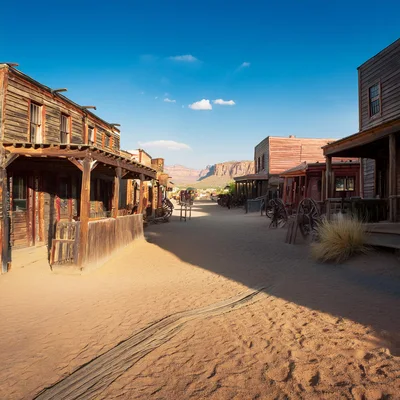 Deserted Old West Town Street With Wooden Buildings