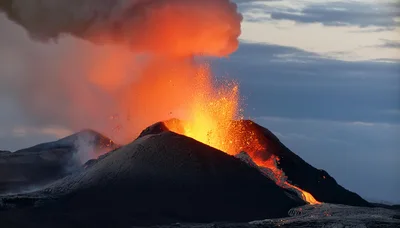 Volcanic Eruption With Lava Flow And Ash Plume