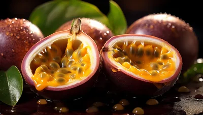 Fresh Passion Fruit Halves With Seeds And Leaves