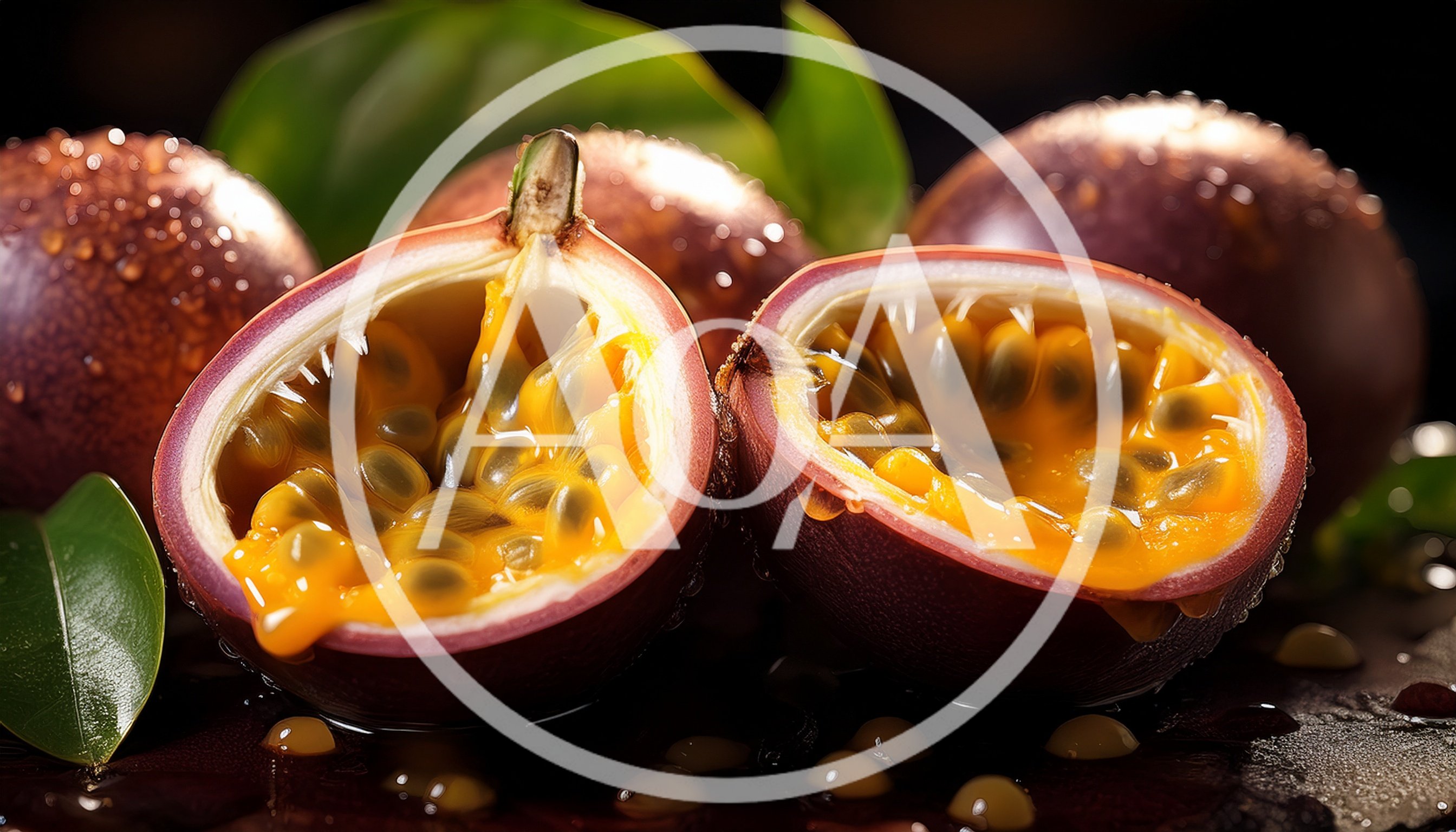 Fresh Passion Fruit Halves With Seeds And Leaves