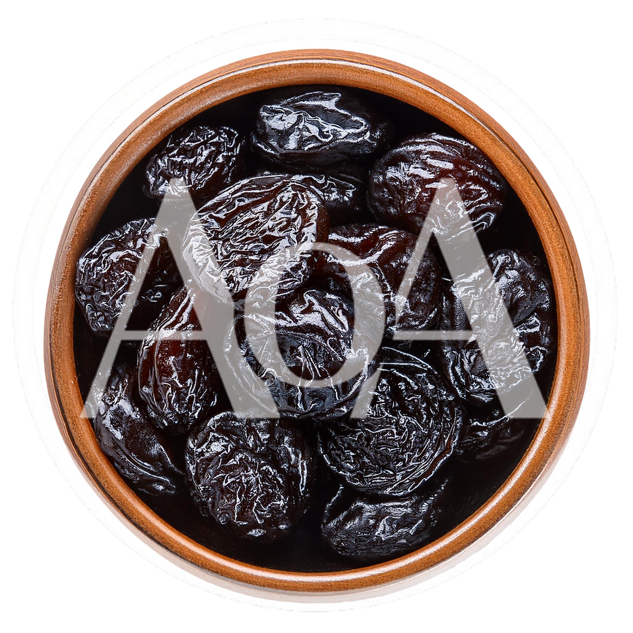 Top View Of Dried Prunes In A Ceramic Bowl