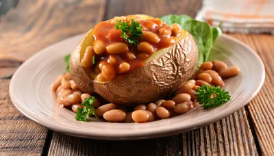 Baked Potato Topped With Baked Beans On A Plate