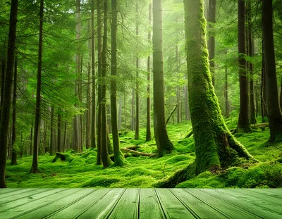 Green Wooden Deck Overlooking A Lush Mossy Forest