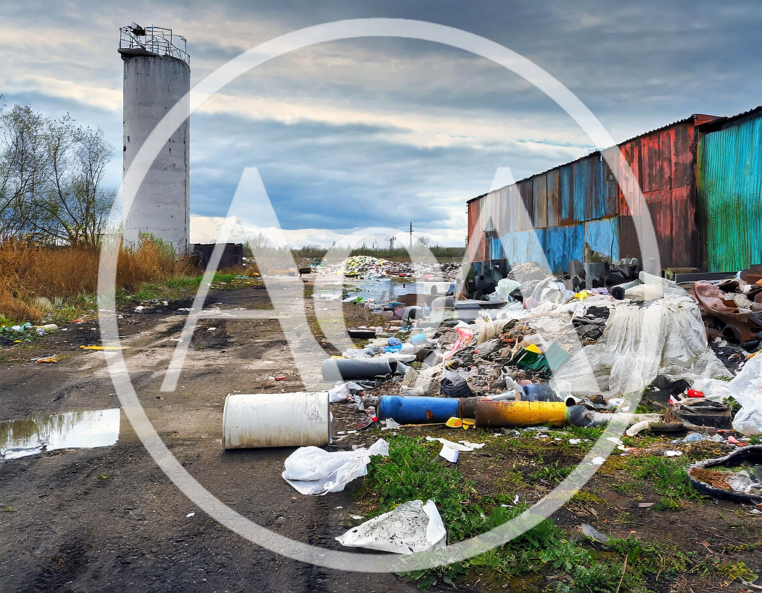 Industrial Waste Dump Site With Metal Silo And Shed