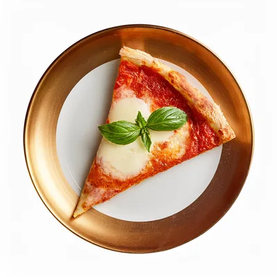 Single Slice Of Margherita Pizza On A Gold Plate