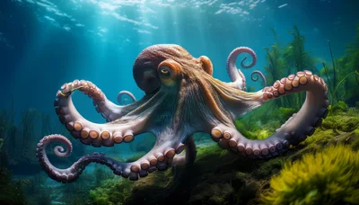 Giant Octopus Swimming Underwater In A Vibrant Coral Reef