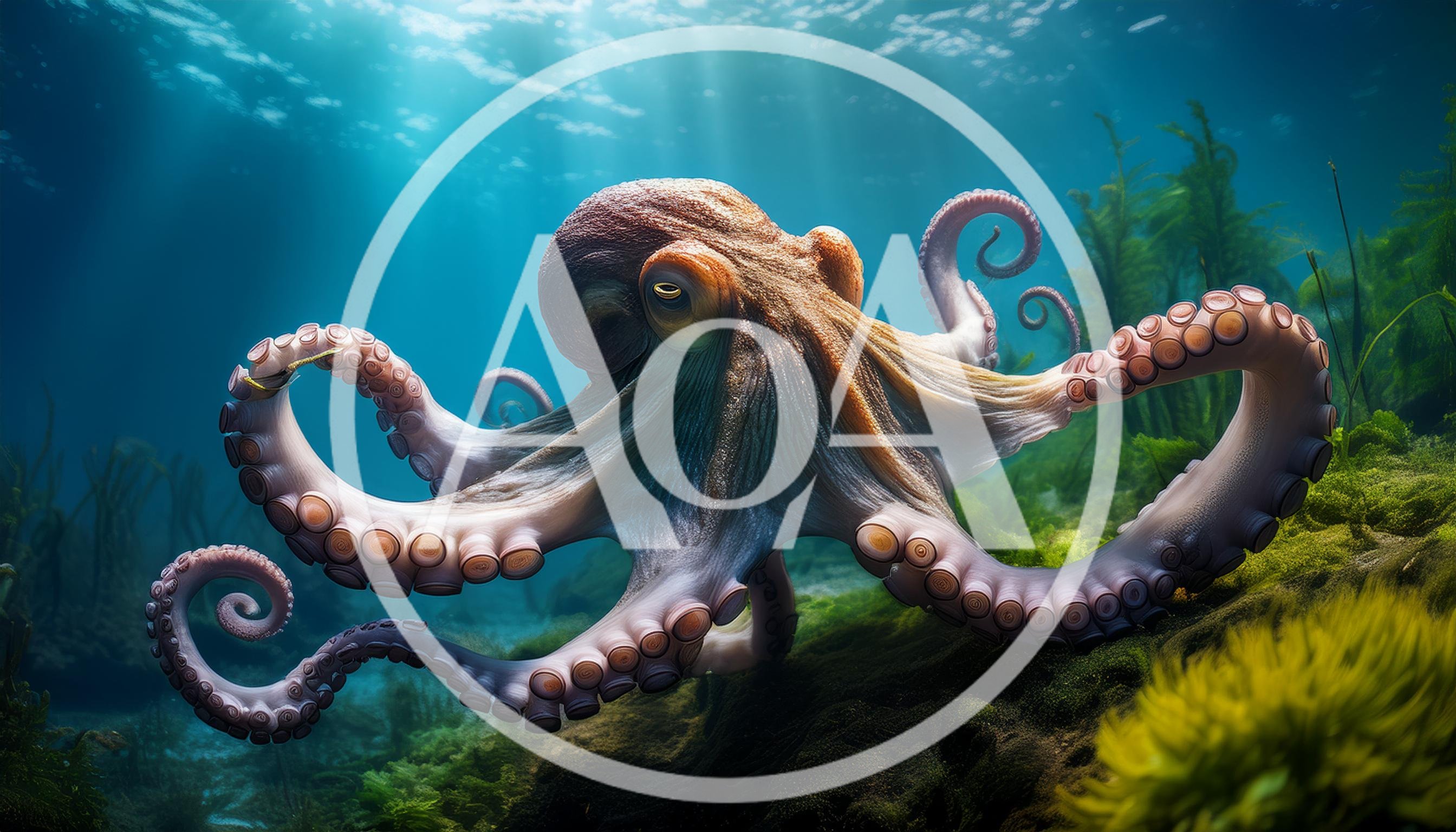 Giant Octopus Swimming Underwater In A Vibrant Coral Reef