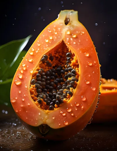 Fresh Cut Papaya Fruit With Water Droplets
