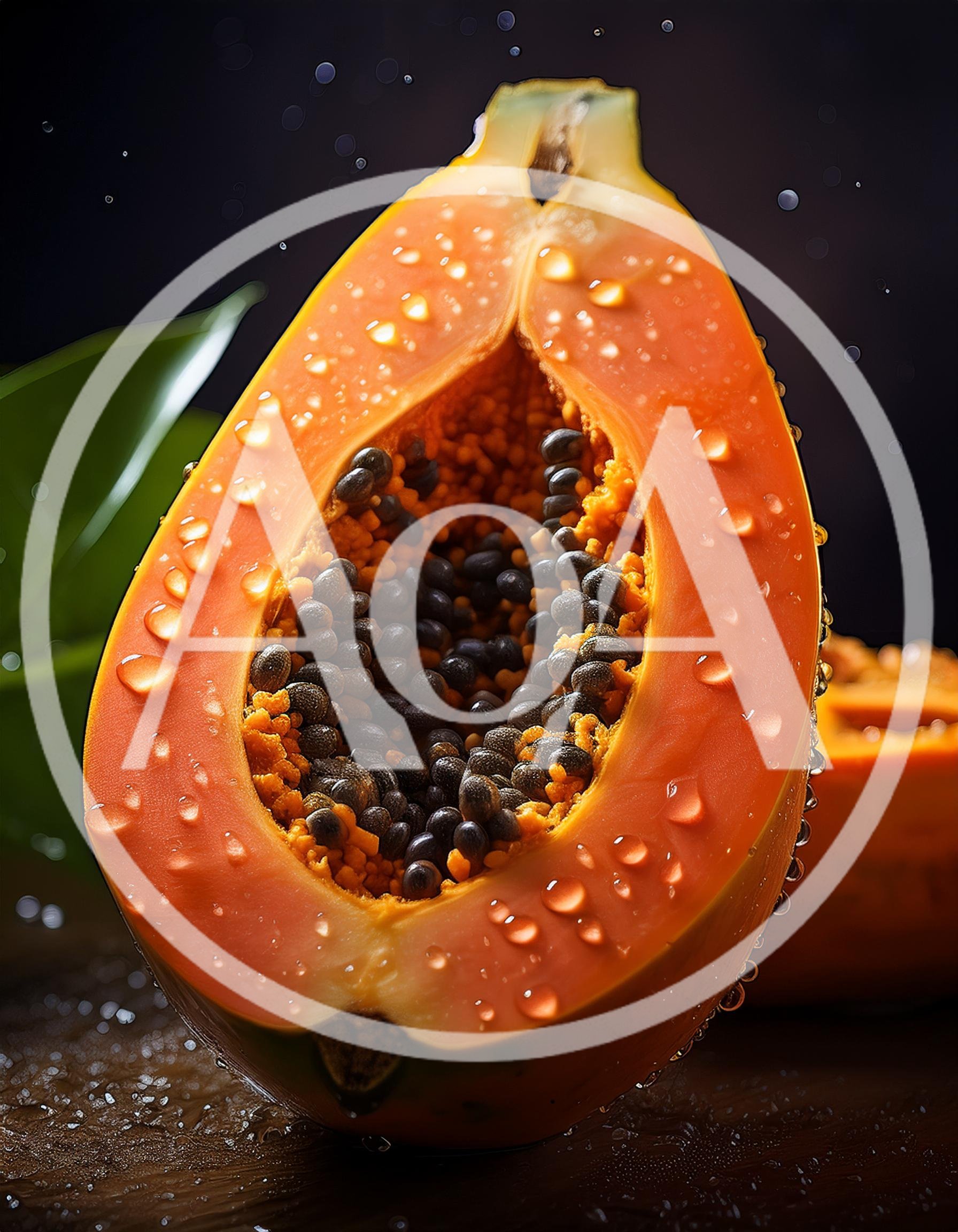 Fresh Cut Papaya Fruit With Water Droplets