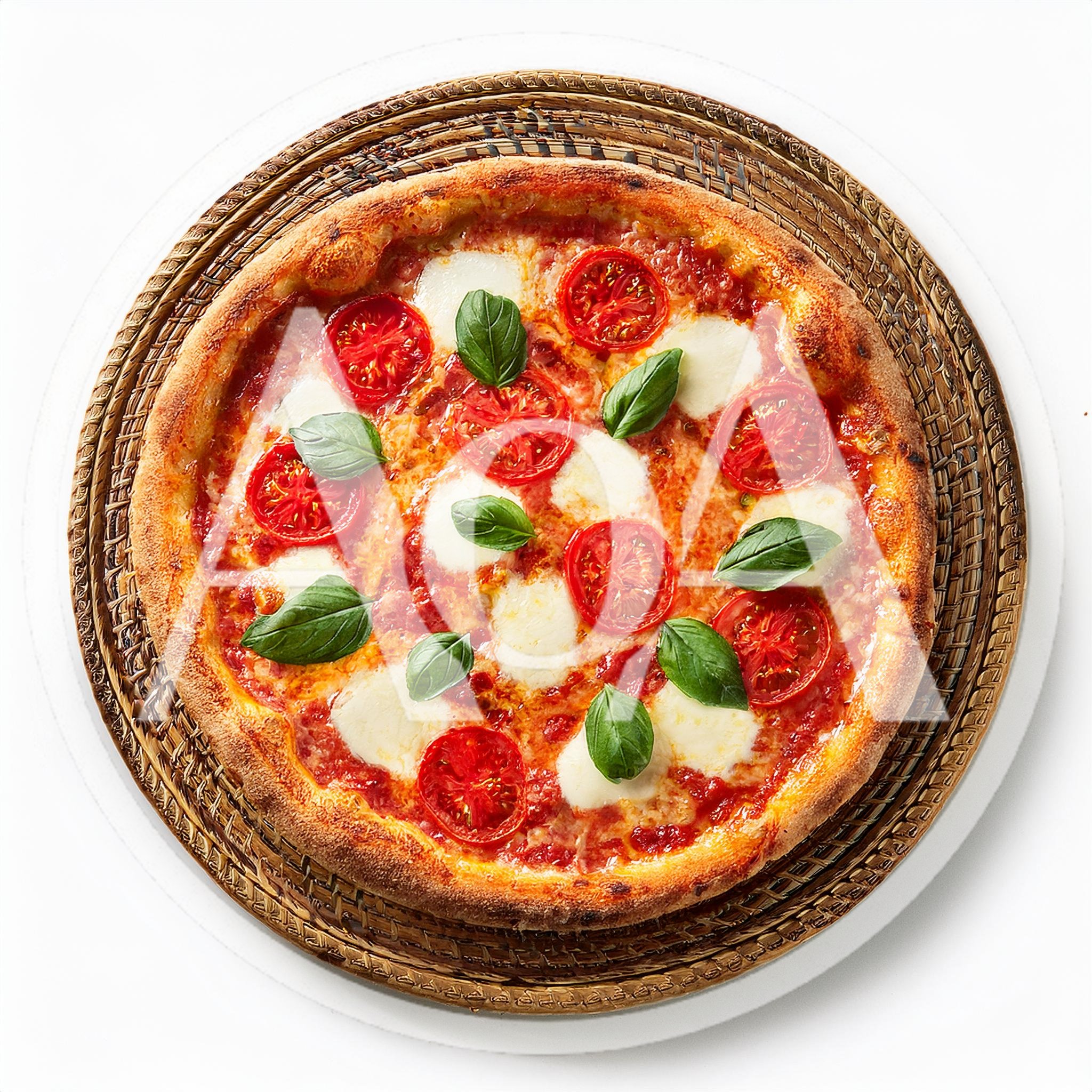 Fresh Margherita Pizza on a Woven Tray