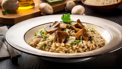 Mushroom Risotto Served In A Ceramic Bowl