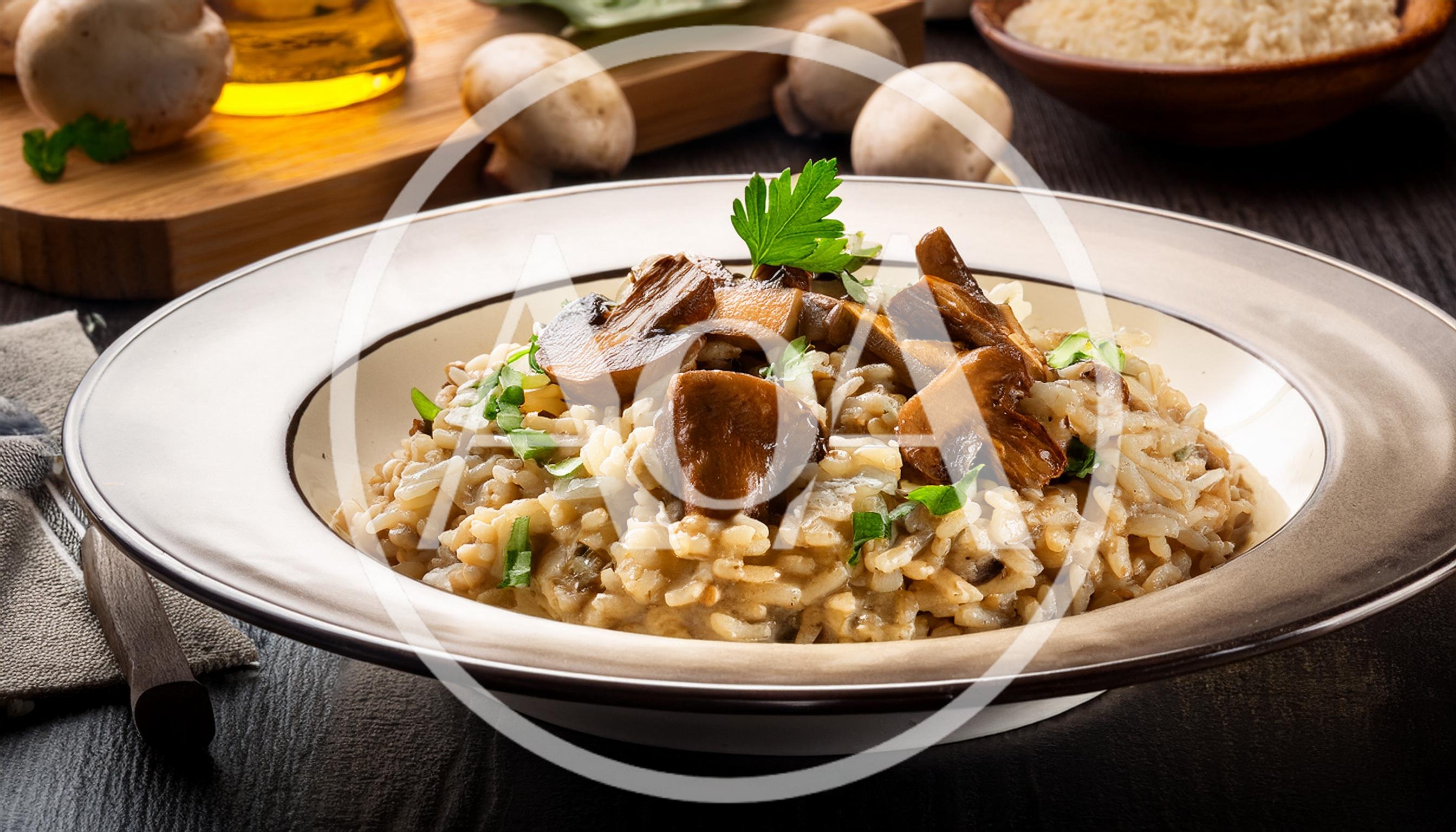 Mushroom Risotto Served In A Ceramic Bowl