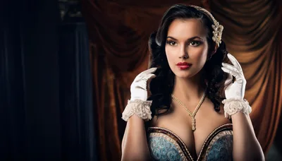 Elegant Woman In Vintage Corset And Lace Gloves