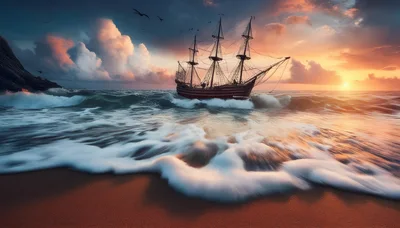 Antique Sailing Ship Approaching A Sandy Beach At Sunset