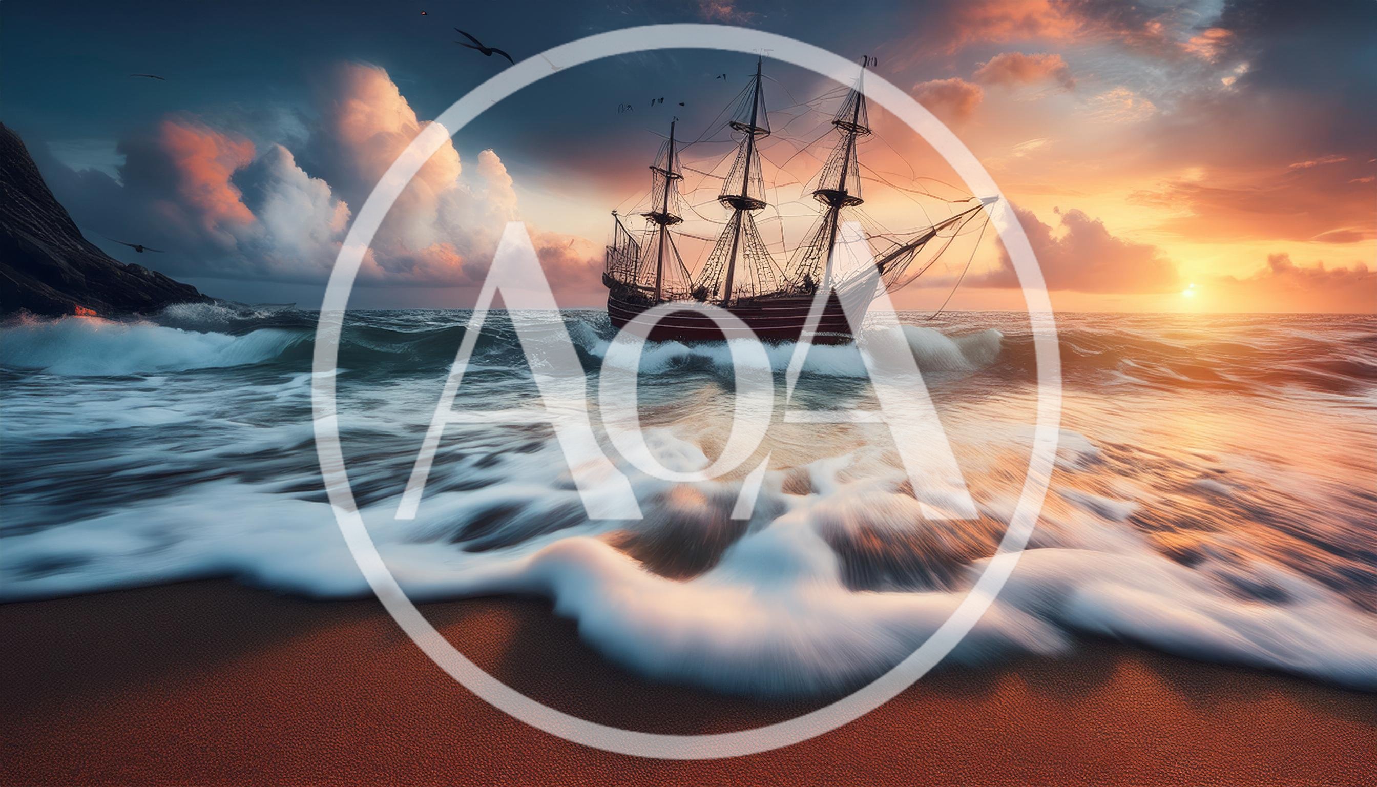 Antique Sailing Ship Approaching A Sandy Beach At Sunset