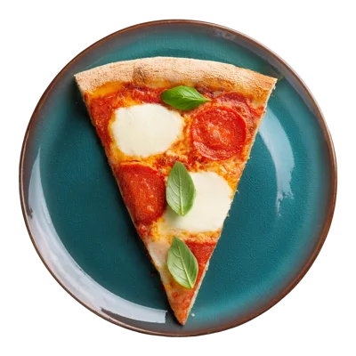 Single Slice Of Pepperoni Pizza On A Blue Plate