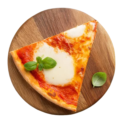 Single Slice Of Margherita Pizza On Wooden Board