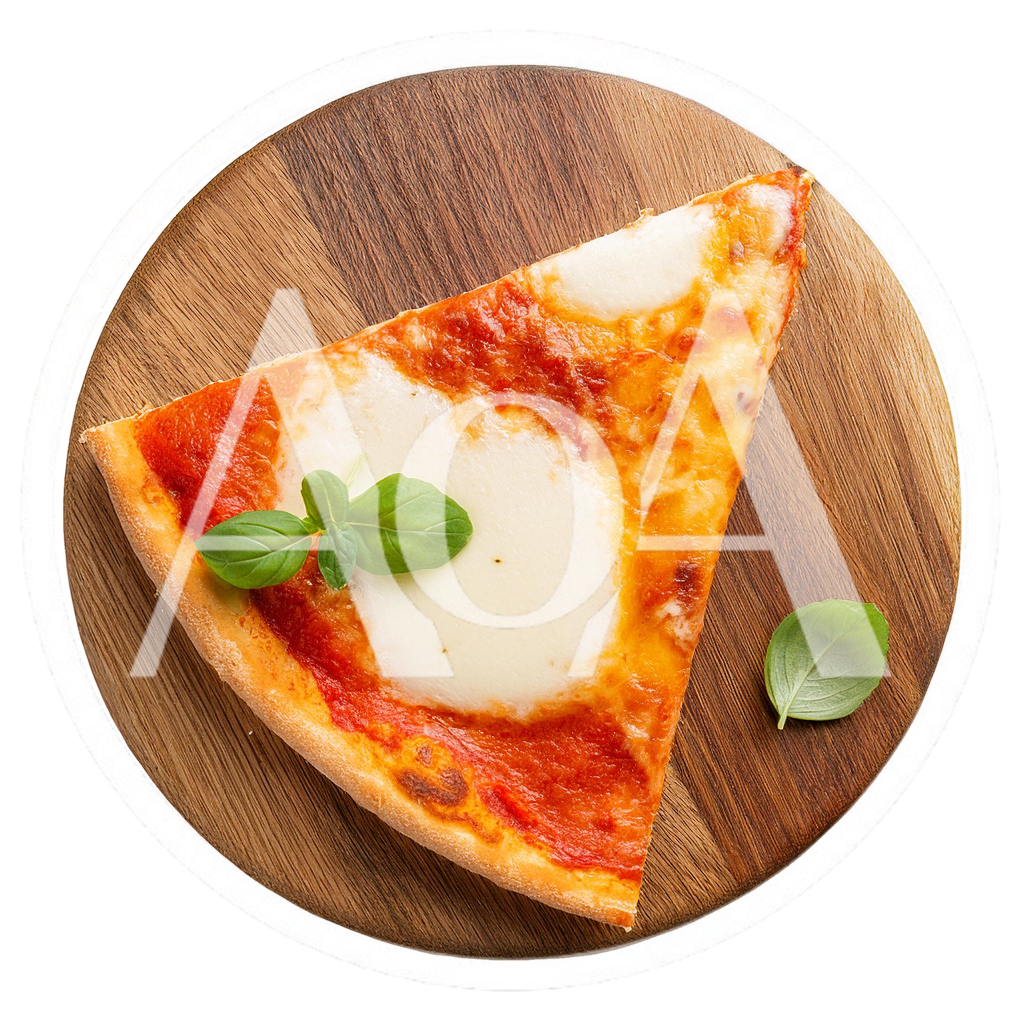 Single Slice Of Margherita Pizza On Wooden Board