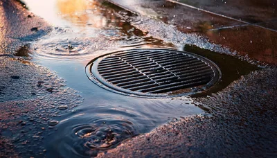 Raindrops Falling Into A Storm Drain On Asphalt