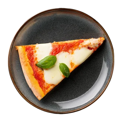 Single Slice Of Margherita Pizza On A Dark Plate