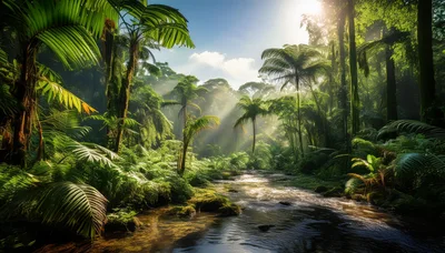 Sunlit Tropical Rainforest Stream With Lush Vegetation
