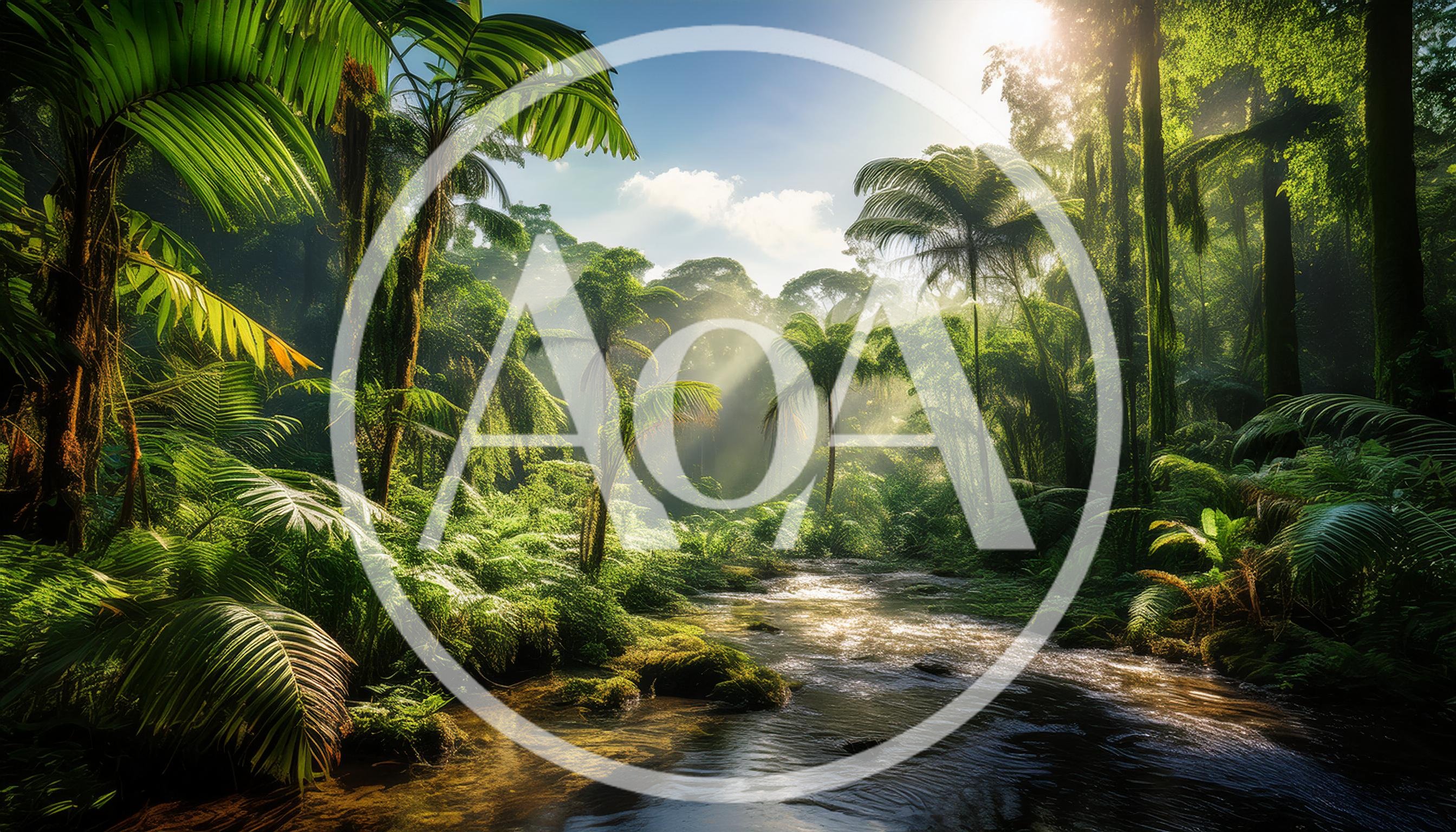 Sunlit Tropical Rainforest Stream With Lush Vegetation