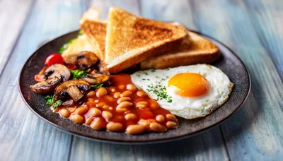 Traditional English Breakfast Plate With Toast And Beans