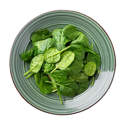 Fresh Green Spinach Leaves In A Striped Bowl