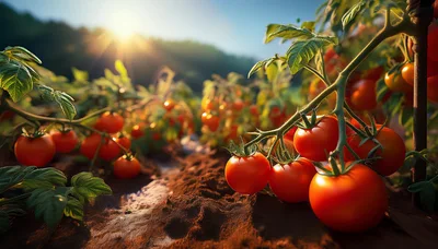 Fresh Red Tomatoes Growing On Vines In Sunny Field