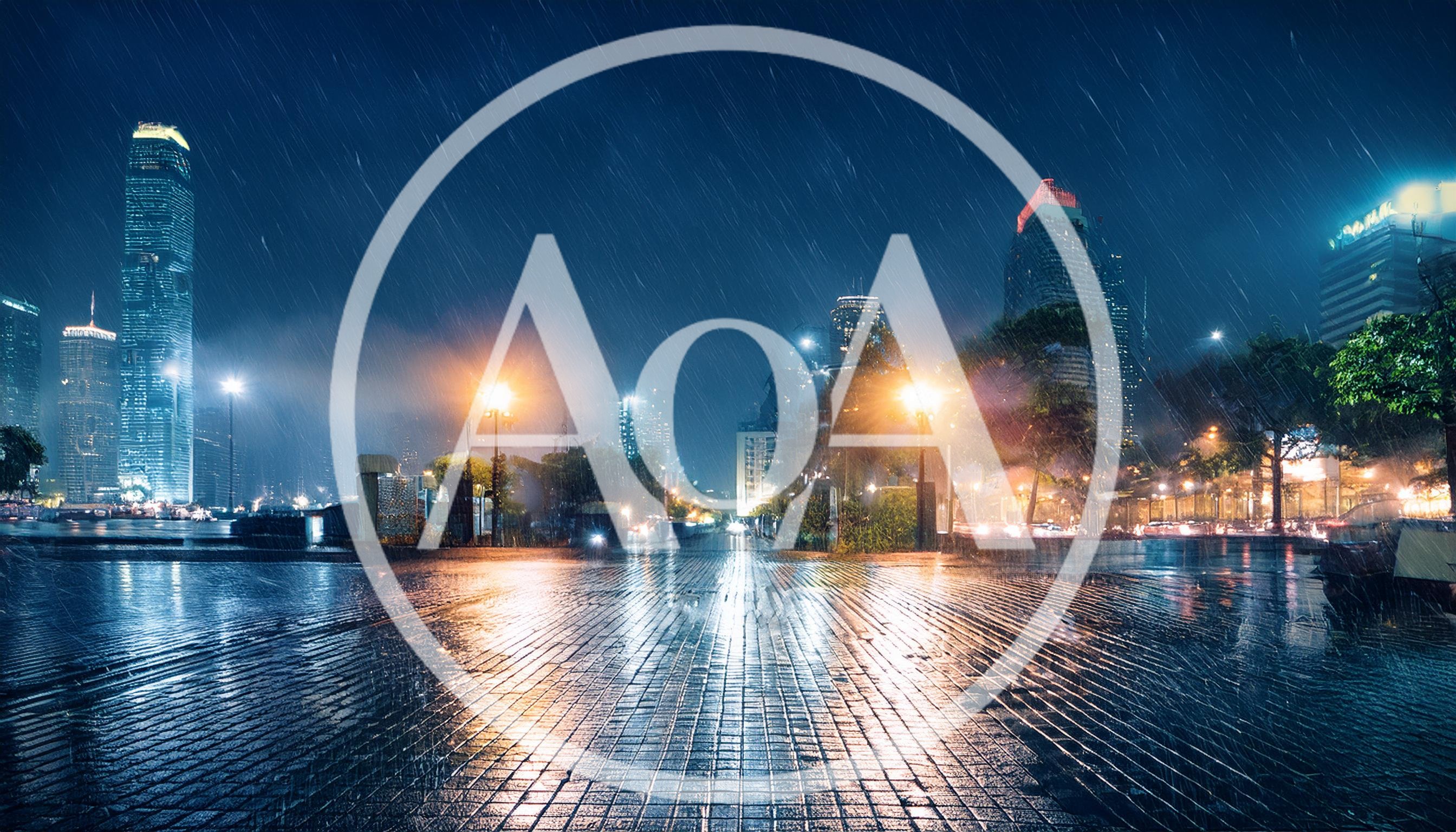 Rainy Night Cityscape With Wet Paved Waterfront Promenade