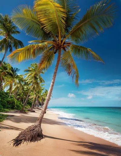 Leaning Palm Tree on a Tropical Sandy Beach