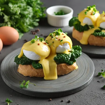 Gourmet Eggs Benedict With Kale On Toasted Bread