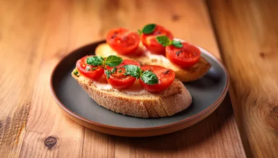 Two Pieces Of Tomato Bruschetta On A Plate