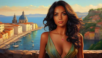 Beautiful Woman Standing Overlooking A Mediterranean Coastal Town