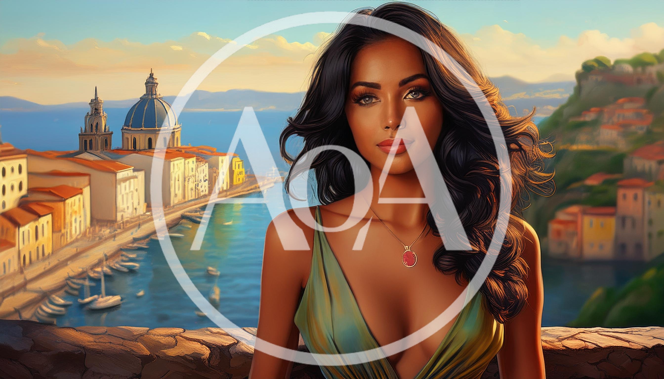 Beautiful Woman Standing Overlooking A Mediterranean Coastal Town
