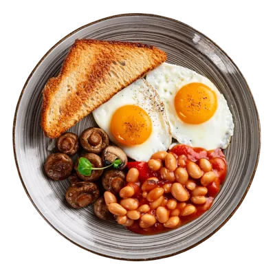 Full English Breakfast Plate With Eggs Beans And Mushrooms