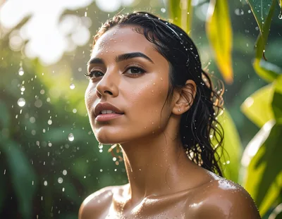Portrait Of A Beautiful Woman In Tropical Rain
