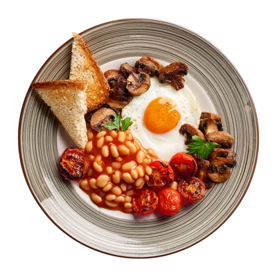 Full English Breakfast Plate With Fried Egg And Beans