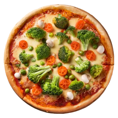 Vegetarian Pizza With Broccoli And Tomatoes On Wooden Board