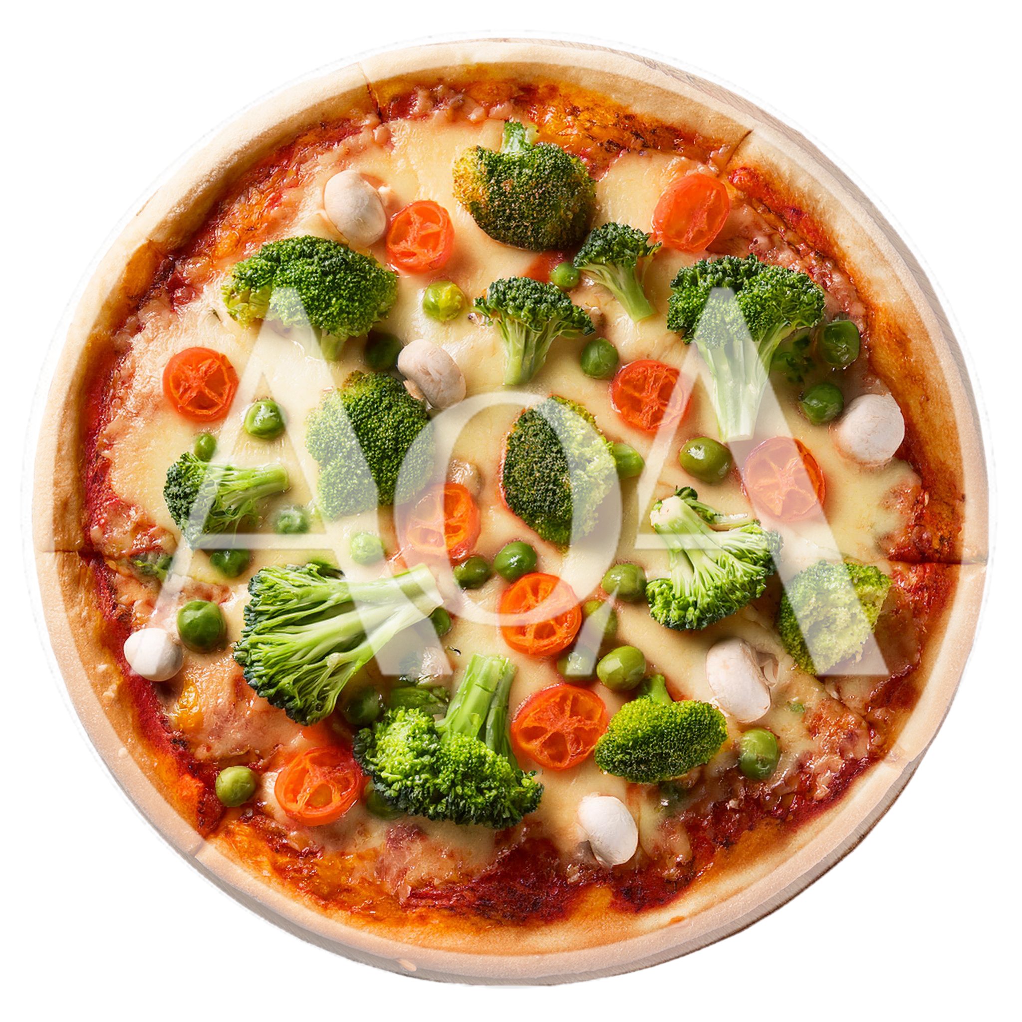 Vegetarian Pizza With Broccoli And Tomatoes On Wooden Board