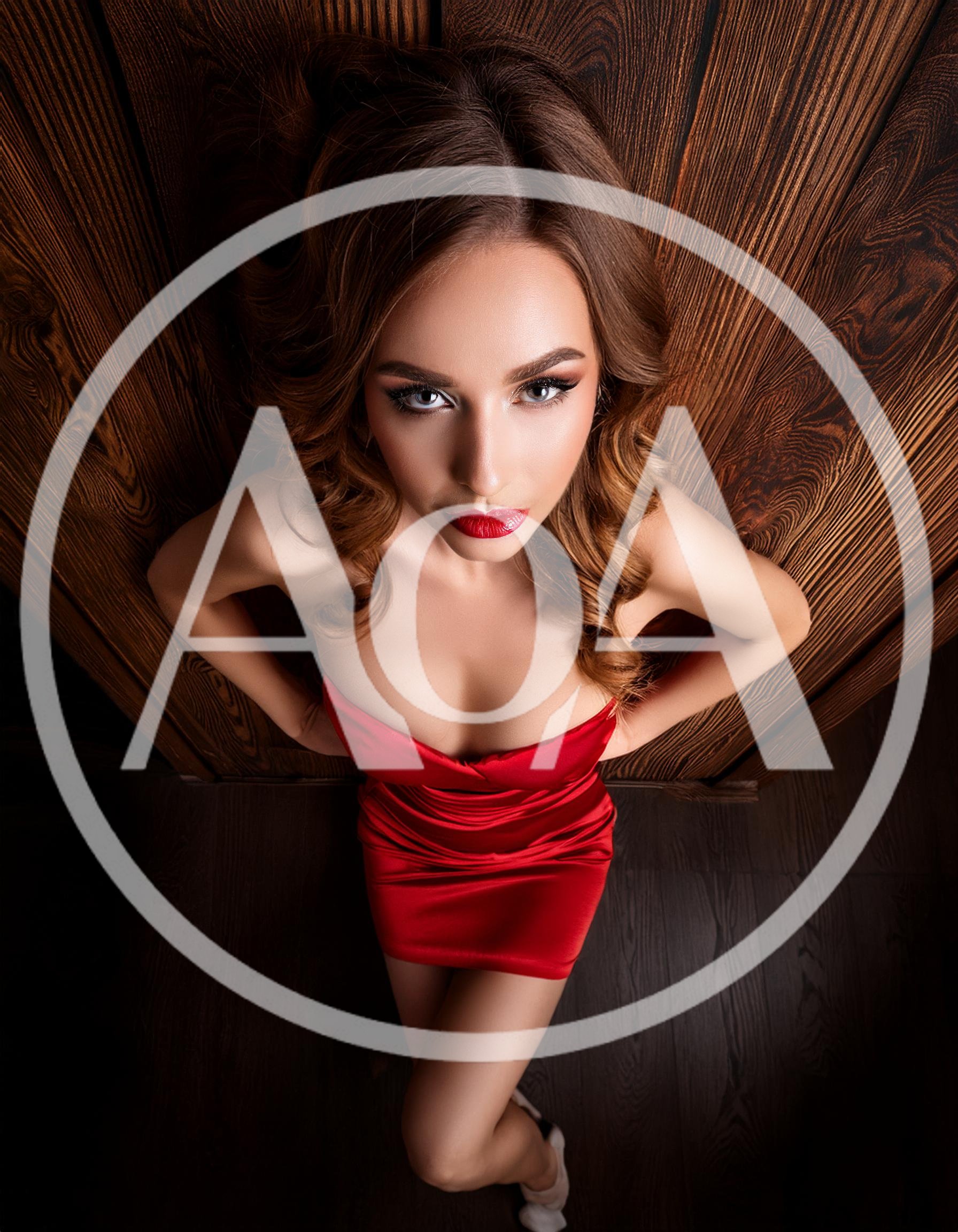 Beautiful Woman In Red Dress Posing Against Wooden Wall