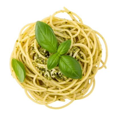 Spaghetti Pasta With Pesto Sauce And Fresh Basil