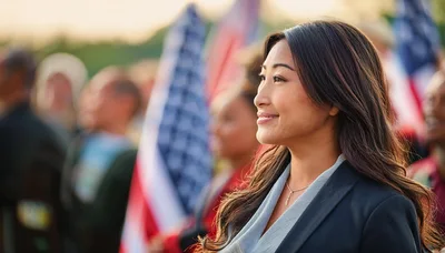 Asian Woman Smiling During Outdoor Patriotic Event
