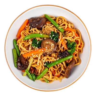 Stir Fried Noodles With Vegetables In A Bowl