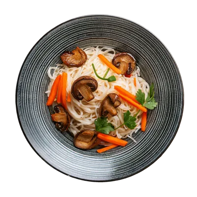 Top View Of Glass Noodles With Mushrooms And Carrots