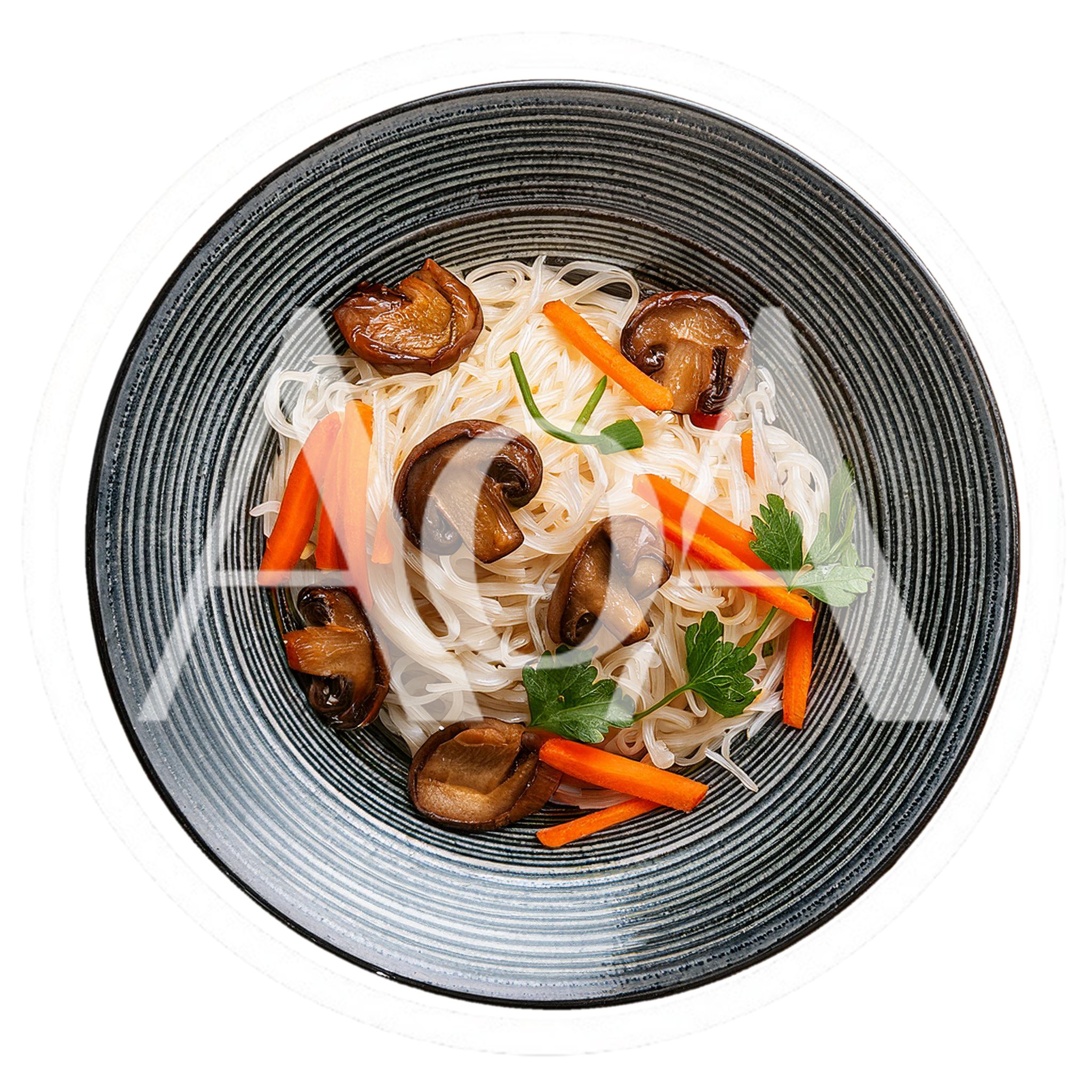 Top View Of Glass Noodles With Mushrooms And Carrots