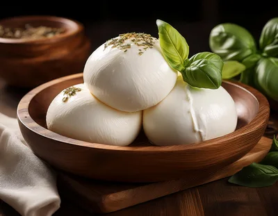 Fresh Burrata Cheese Balls in a Wooden Bowl