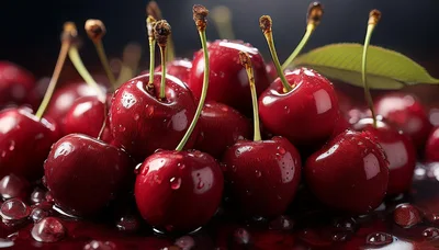 Fresh Ripe Cherries With Water Droplets