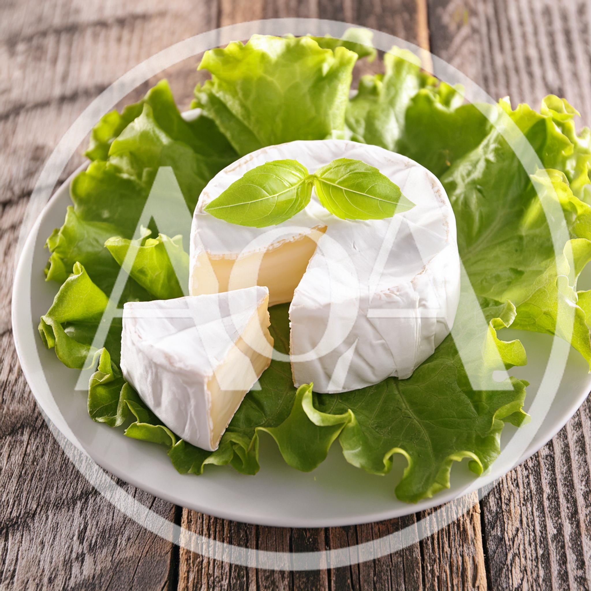 Camembert Cheese Wheel With A Slice On Lettuce